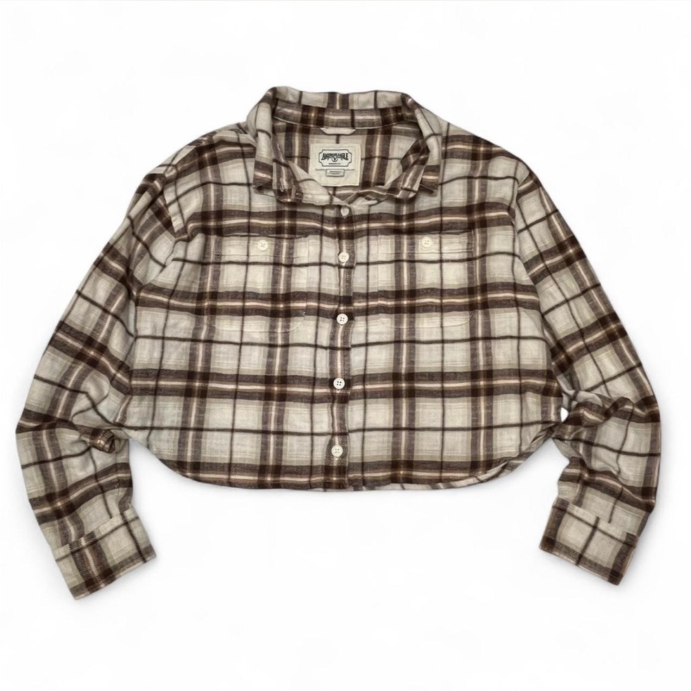 American Eagle Outfitters Cream and Brown Cropped Button-Down Flannel - Picture 6 of 6
